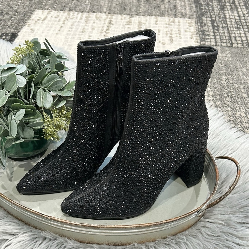 Lauren Lorraine Jam Boots Womens Size 6.5 Black Rhinestone Ankle Block Heel NEW